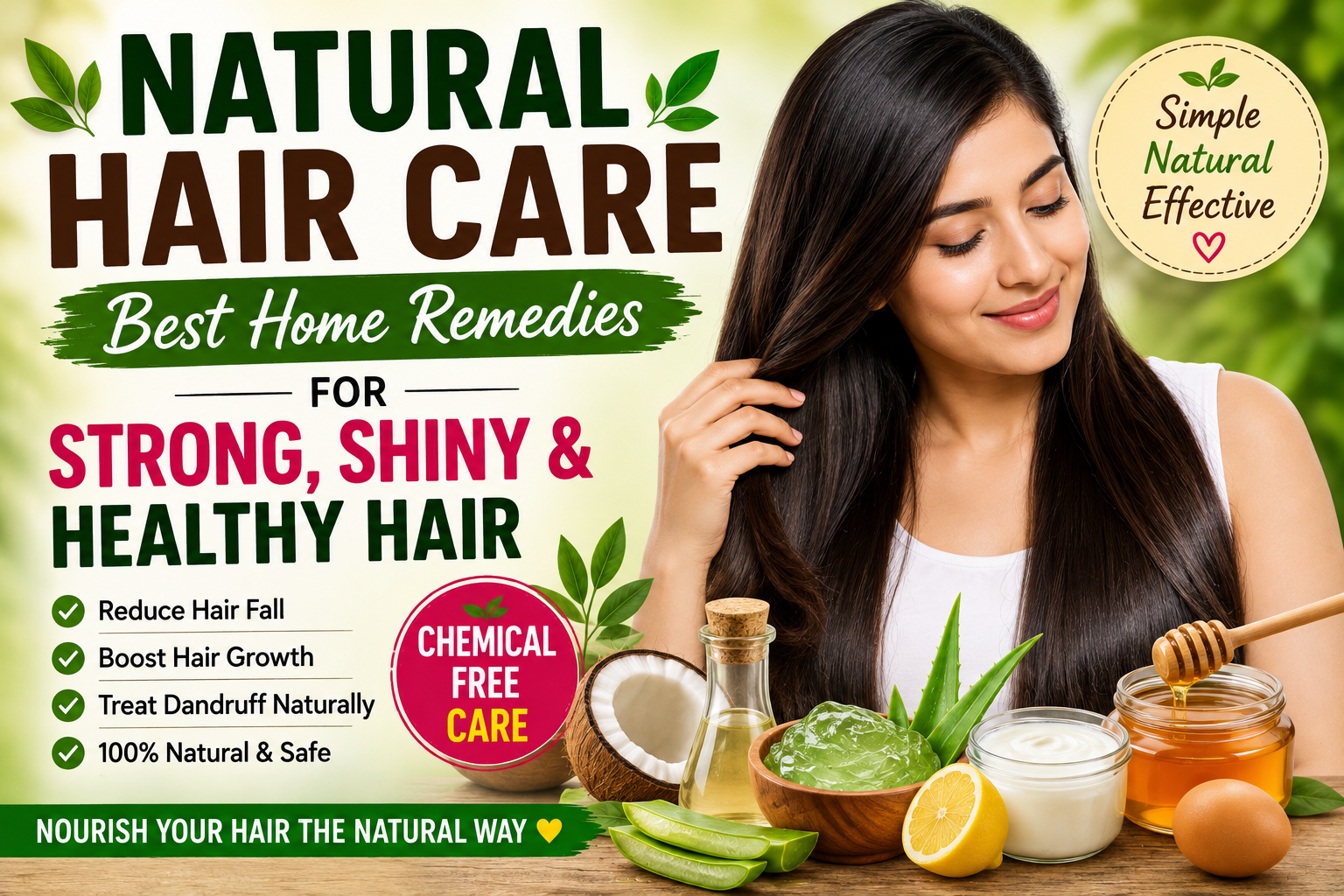 Natural hair care home remedies with coconut oil, aloe vera, honey, and egg for strong, shiny, and healthy hair